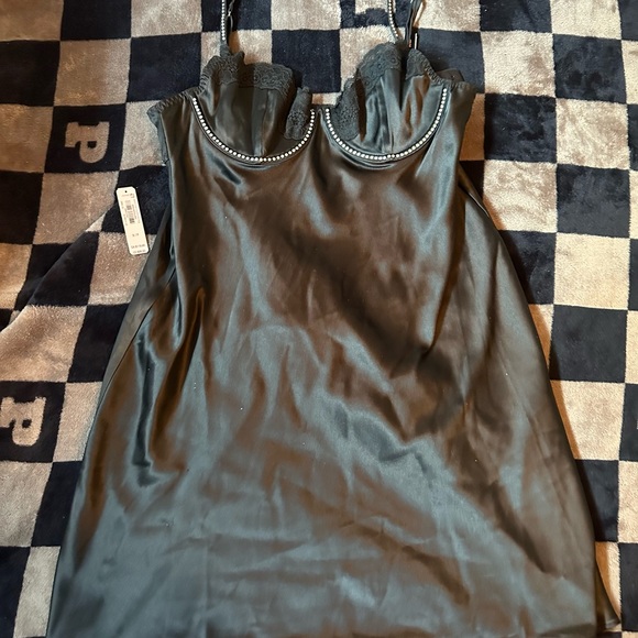 viral victoria secret vs pink black silky silver rhinestone slip dress small - Picture 2 of 9